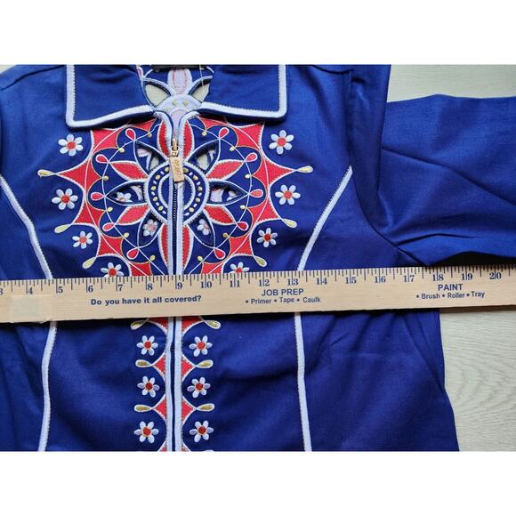 TOP-BOB MACKIE WEARABLE ART-Blue Red-Embroidery-Zipper-Cut Outs-SIZE XSMAL-NWT - Picture 12 of 16